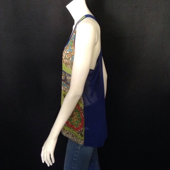 Ladies Sheer Polyester Printed Blue Multicolor Racer Back Tank By Soprano Size S - Picture 4 of 9